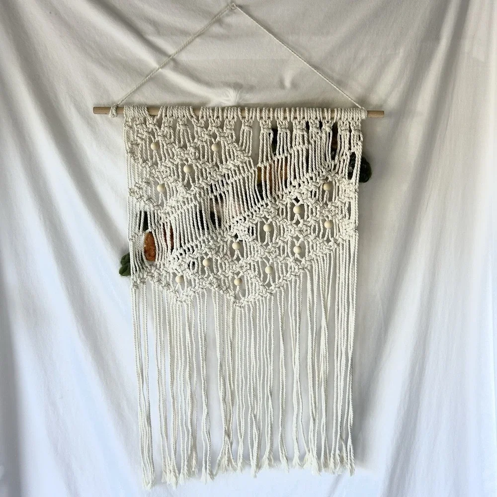 Boho Macramé Wall Hanging with Handmade 3D Crochet Flowers – 17x26" - Picture 2 of 3